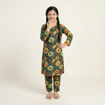 Printed Khaddar Suit for Girls – 3 to 13 Years | Comfortable Winter Shirt & Trouser | Al Kiswa Kids Collection