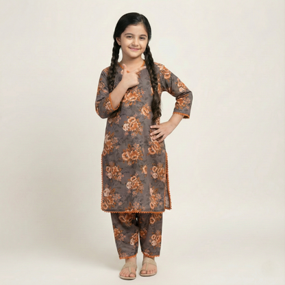 Printed Khaddar Suit for Girls – 3 to 13 Years | Comfortable Winter Shirt & Trouser | Al Kiswa Kids Collection