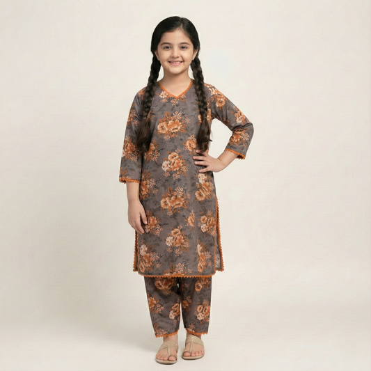 Printed Khaddar Suit for Girls – 3 to 13 Years | Comfortable Winter Shirt & Trouser | Al Kiswa Kids Collection