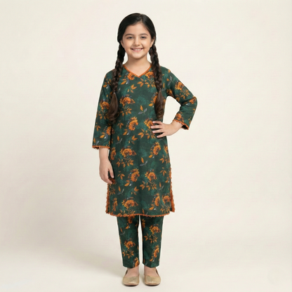 Printed Khaddar Suit for Girls – 3 to 13 Years | Comfortable Winter Shirt & Trouser | Al Kiswa Kids Collection