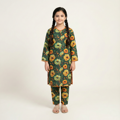 Printed Khaddar Suit for Girls – 3 to 13 Years | Comfortable Winter Shirt & Trouser | Al Kiswa Kids Collection